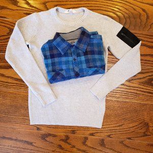 Boys Pullover Sweater H&M Size Large 12 Light Gray & Button Down Shirt Blue Tone
